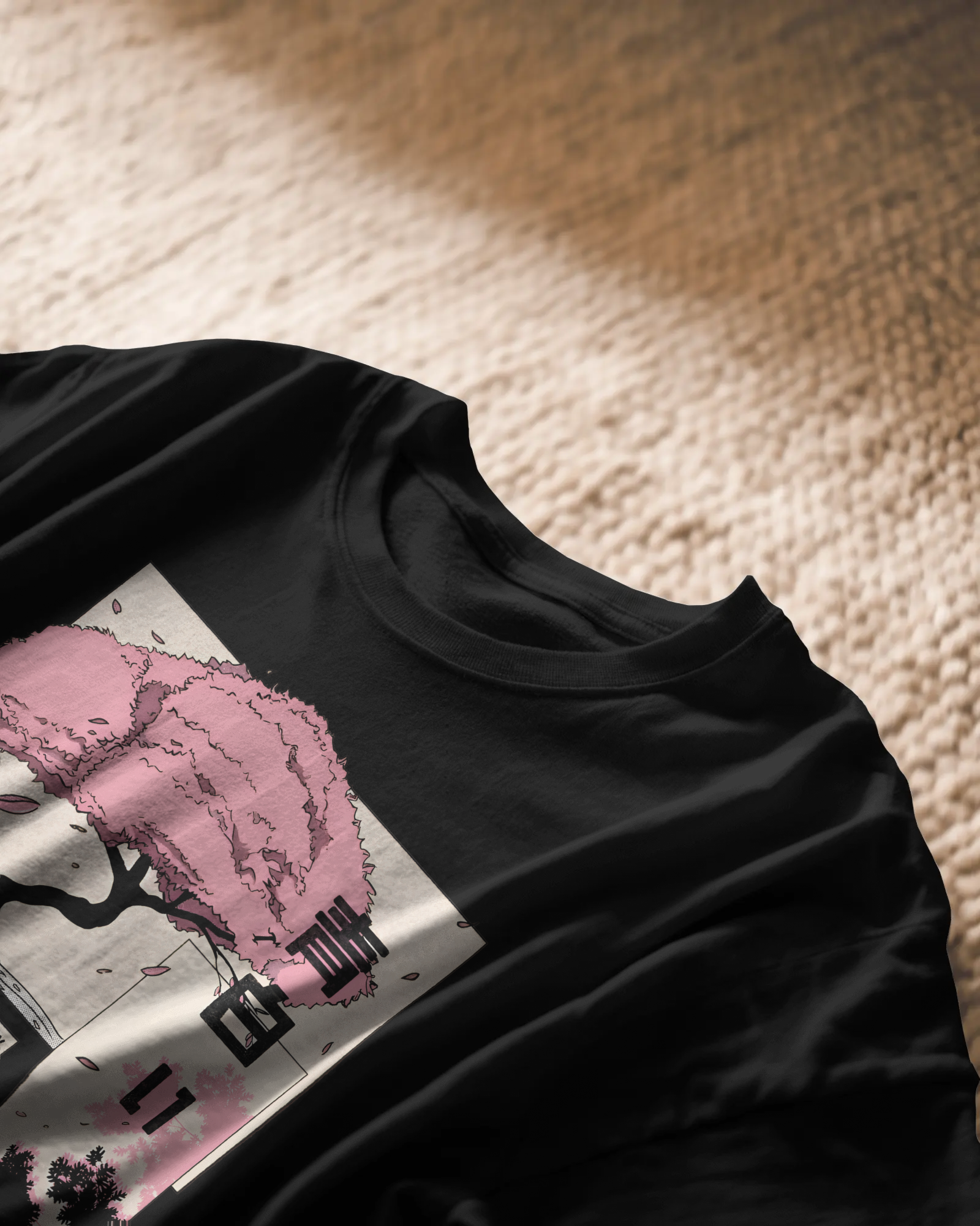 Sakura Dreams, black color, close up, on carpet, front side, oversized printed t-shirt