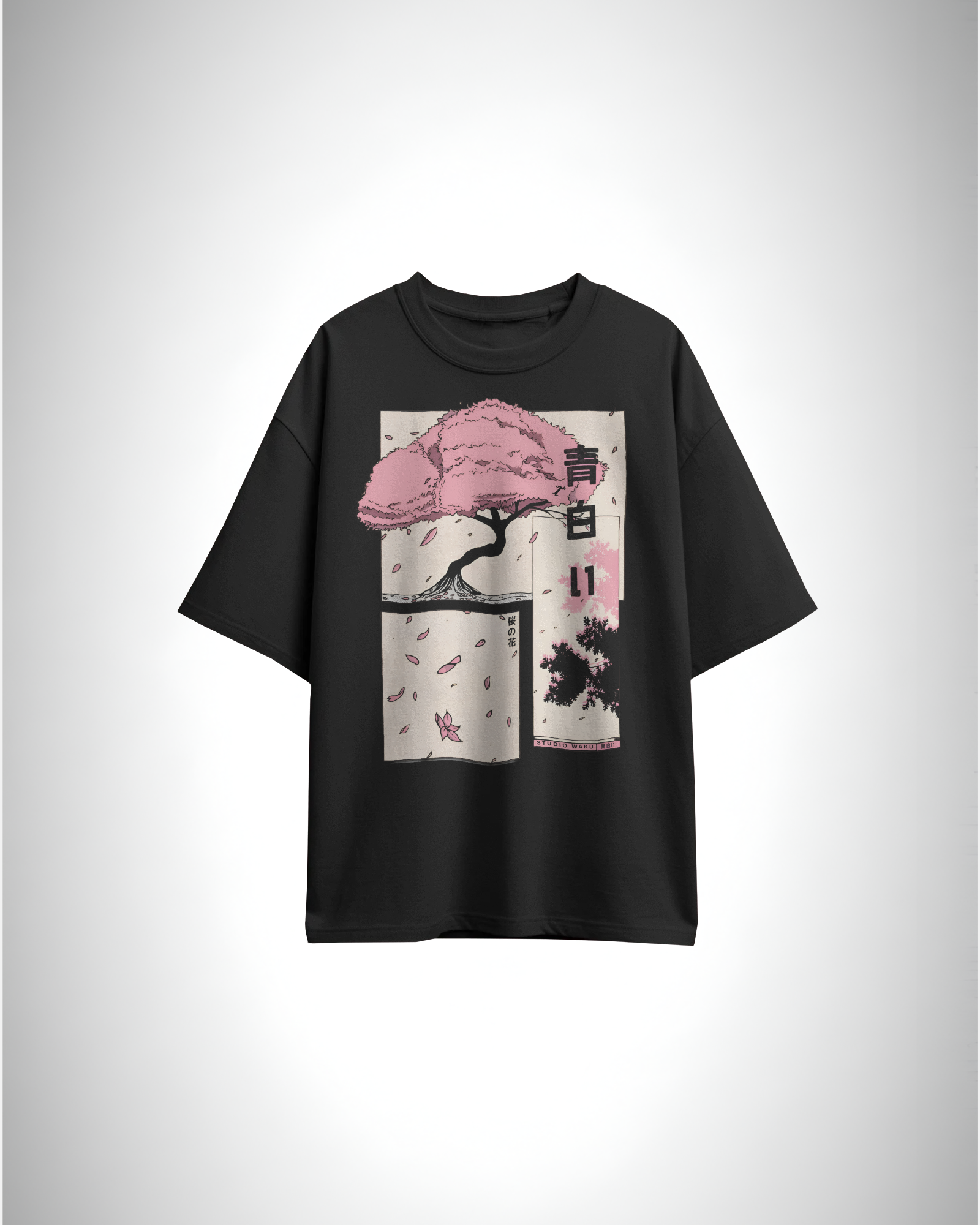 Sakura Dreams, black color, front side, oversized printed t-shirt