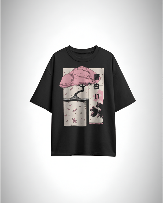 Sakura Dreams, black color, front side, oversized printed t-shirt