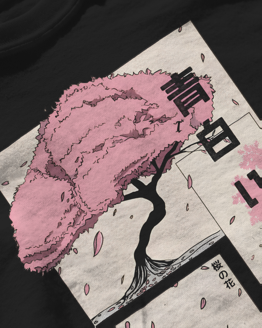 Sakura Dreams, black color, close up look, front side, oversized printed t-shirt