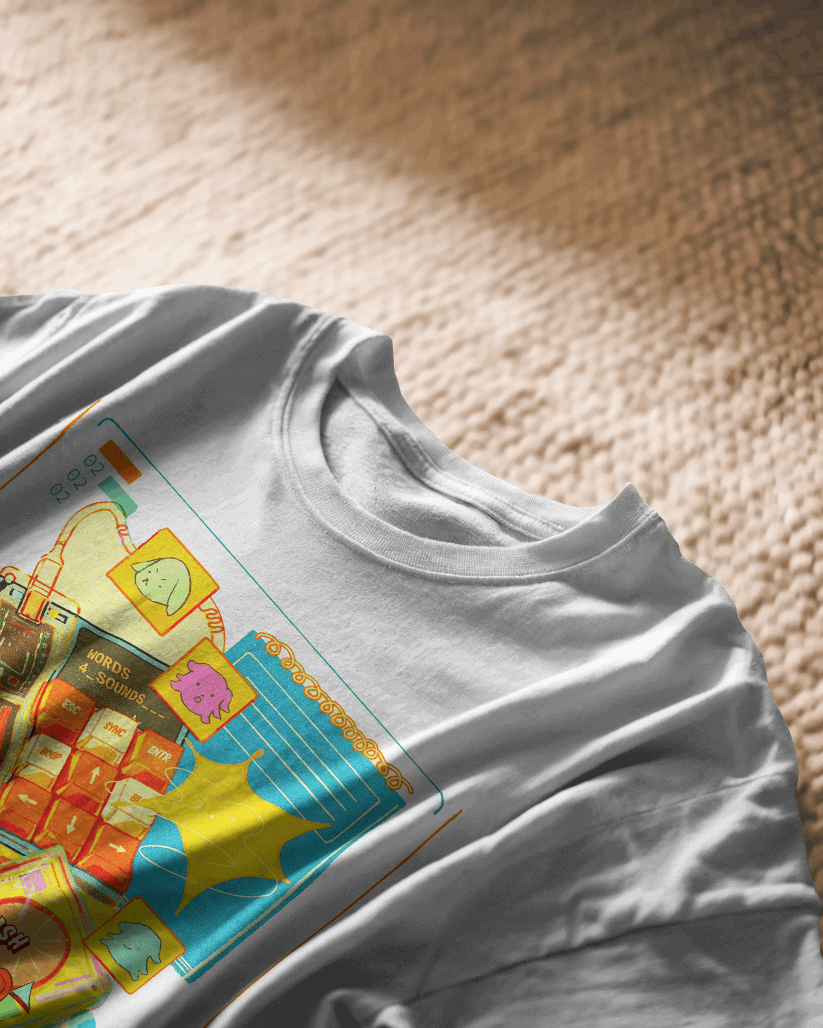 Splish Tech Fusion, white color, front side, on carpet, oversized, graphic printed t-shirt