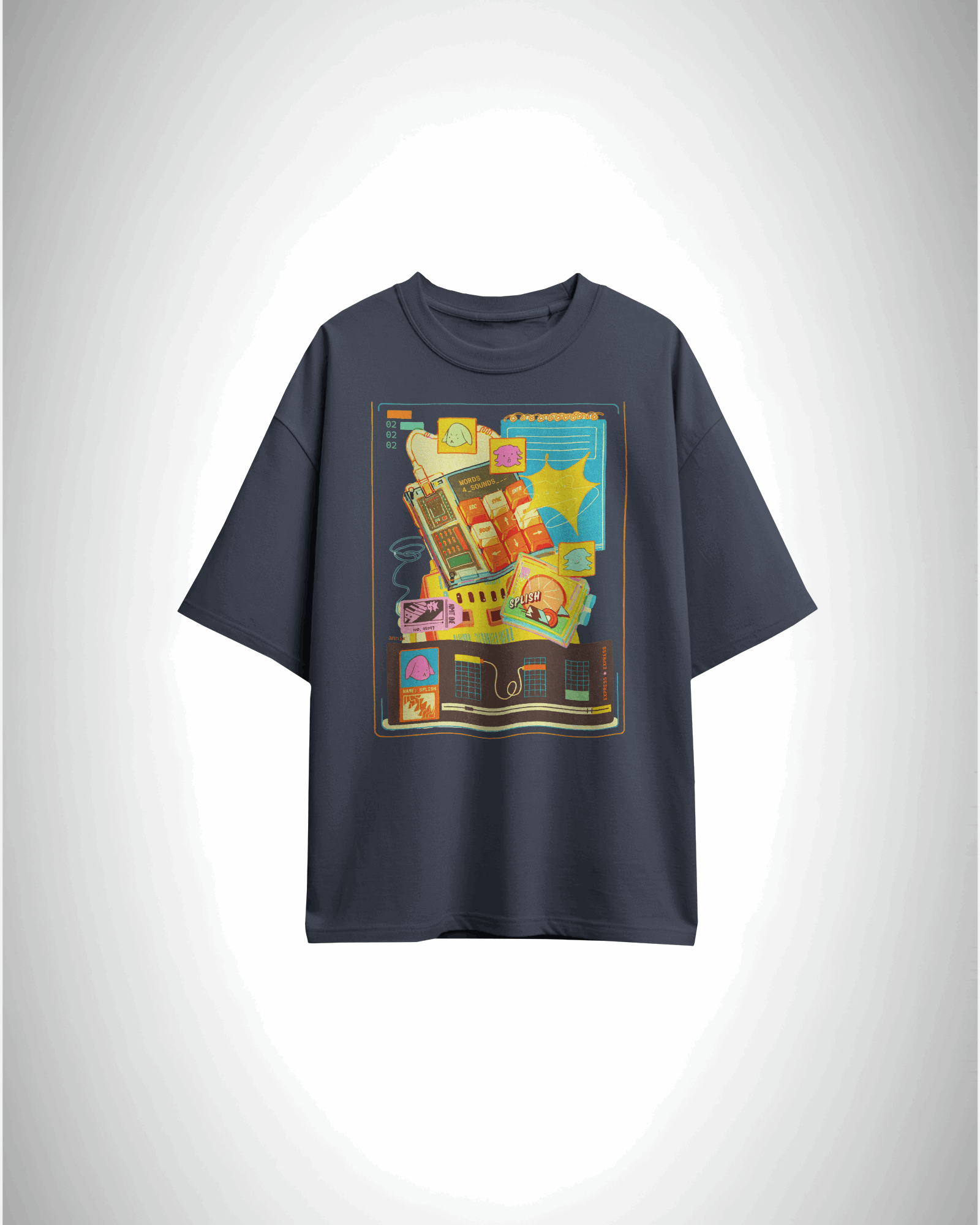 Splish Tech Fusion, navy blue color, front side, oversized, graphic printed t-shirt