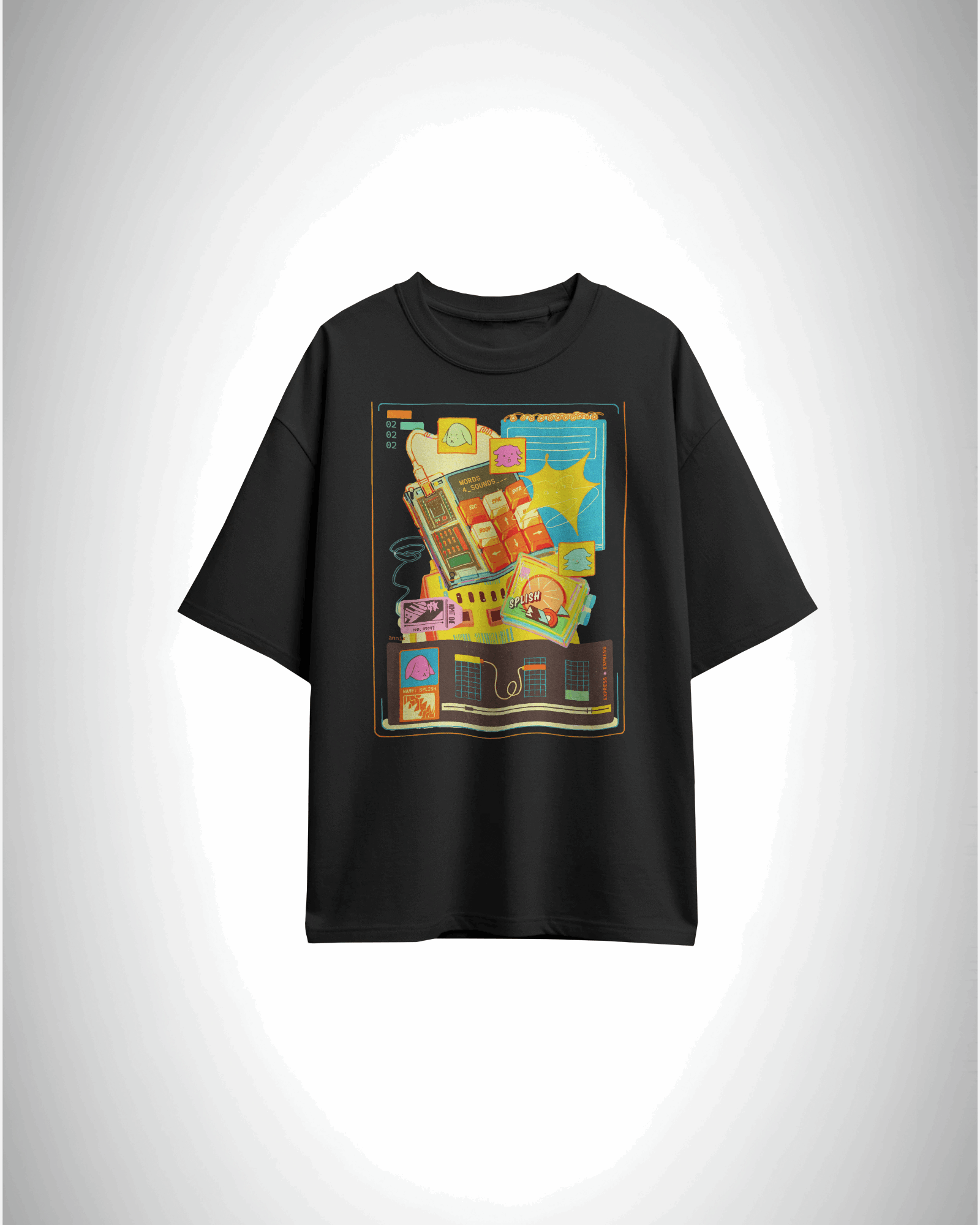 Splish Tech Fusion, black color, front side, oversized, graphic printed t-shirt