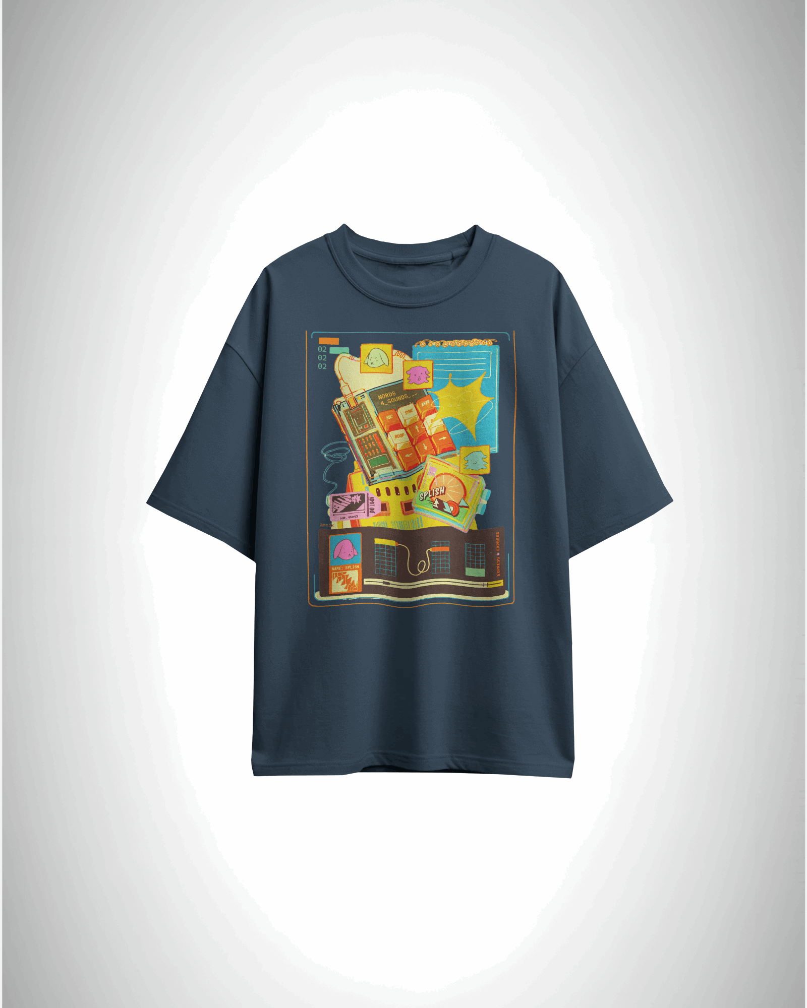 Splish Tech Fusion, petrol blue color, front side, oversized, graphic printed t-shirt