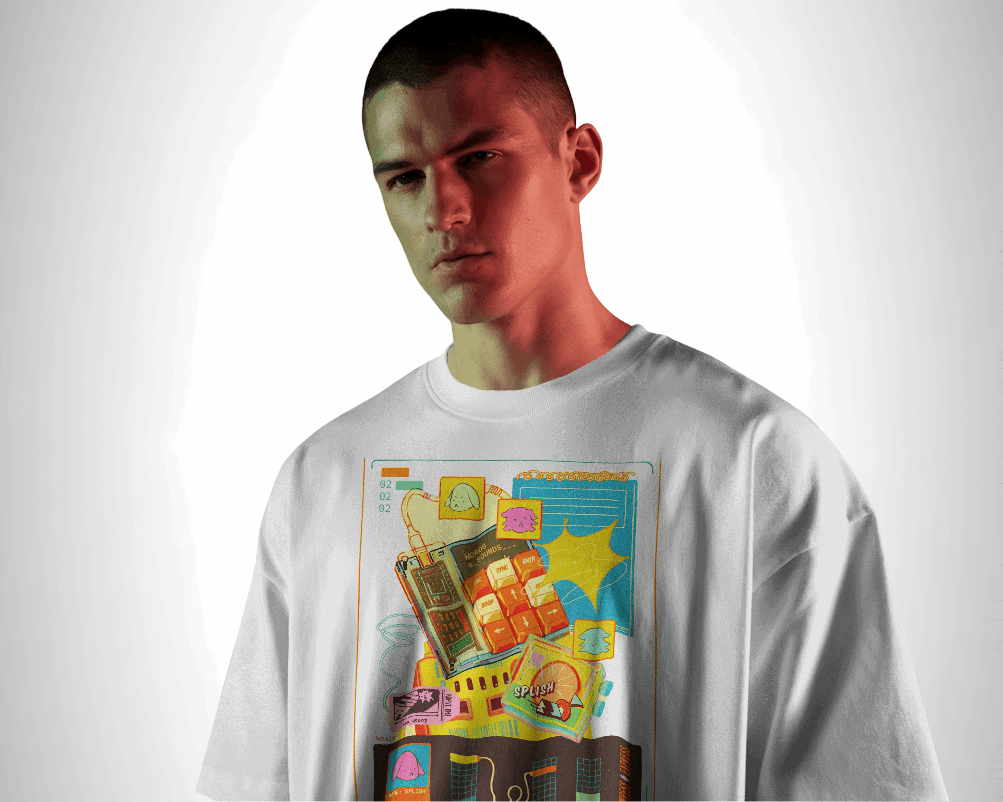 Splish Tech Fusion, white color, front side, men wearing, oversized, graphic printed t-shirt