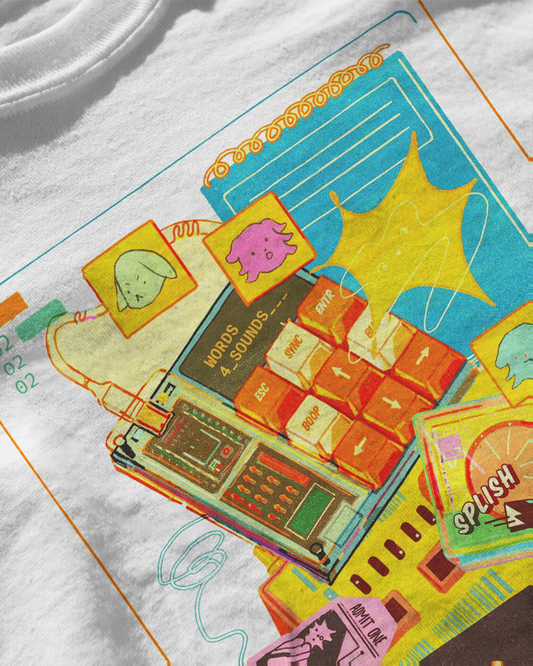 Splish Tech Fusion, white color, close up design view, front side, oversized, graphic printed t-shirt
