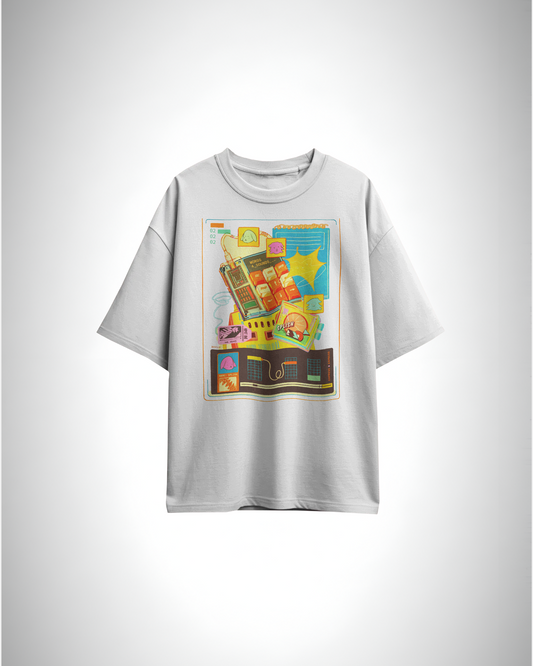 Splish Tech Fusion, white color, front side, oversized, graphic printed t-shirt