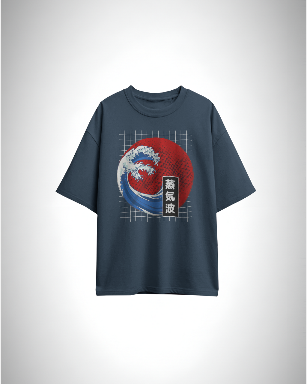 Steamwave Kanagawa, petrol blue  color, front side, oversized graphic printed t-shirt.