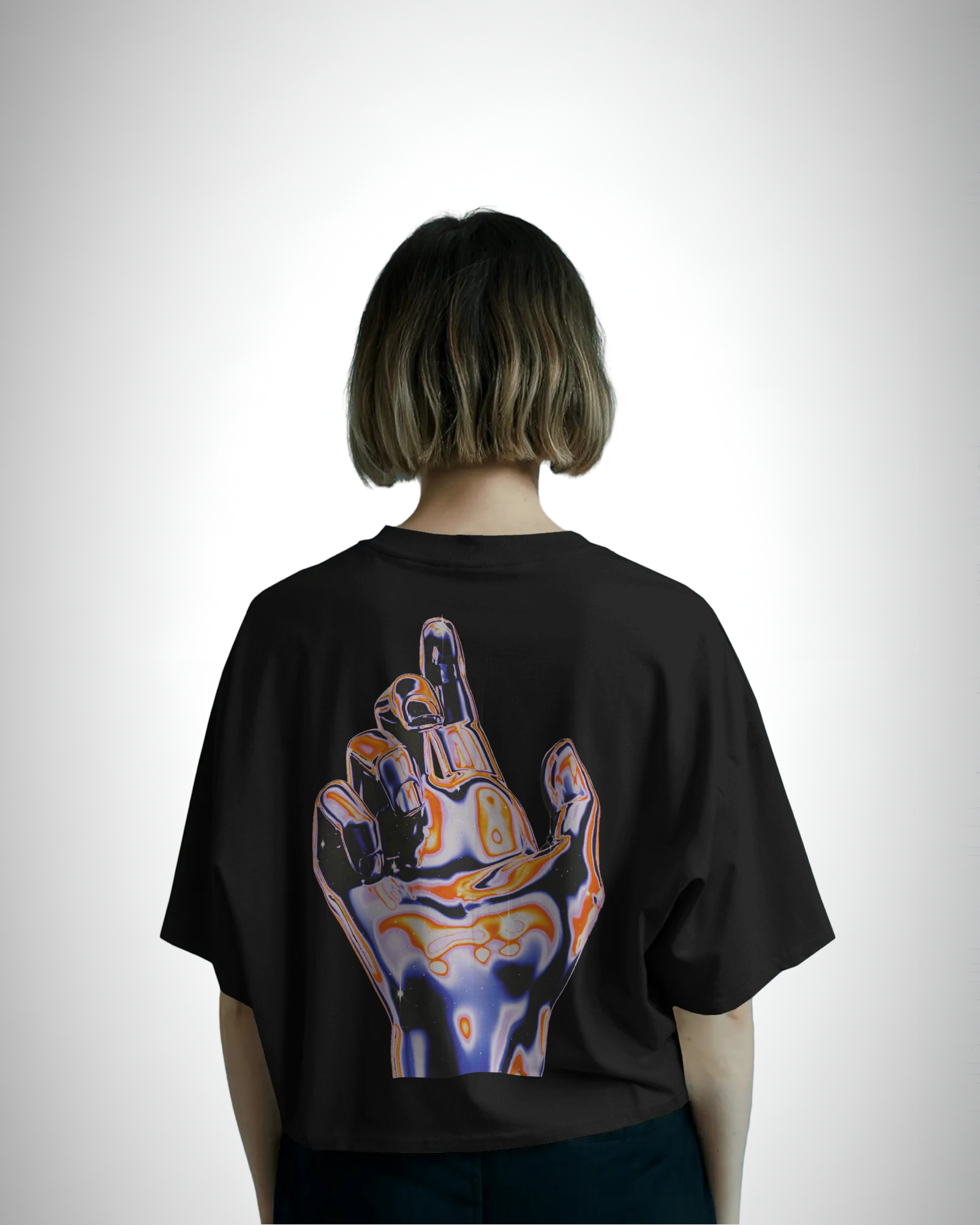 Tokyo Street: Lost In Neon Realm, back view, black color, oversized t-shirt, girl wearing, graphic printed t-shirt.