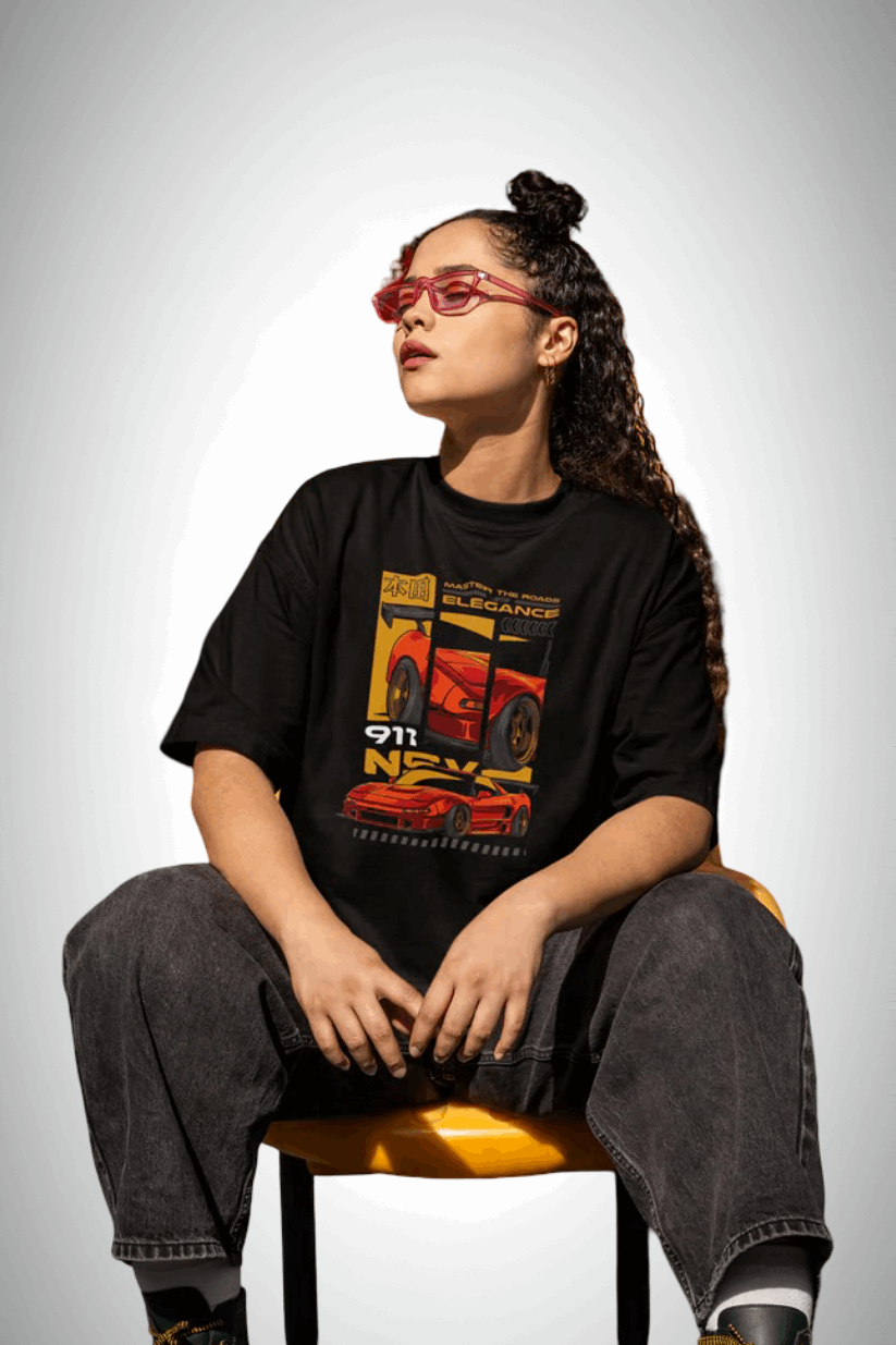 Track Royalty NSX Drift Edition, black color, girl wearing, front side, oversized graphic printed t-shirt.