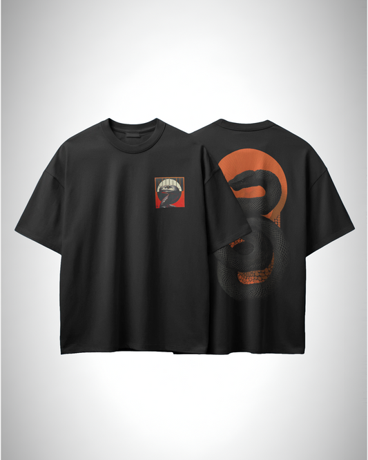 Venomous Sunset, front and back view, black color, oversized t-shirt, graphic printed t-shirt.
