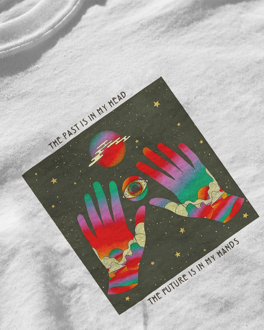 cosmic vision, oversized t-shirt, white color, close up, front side, printed t-shirt.