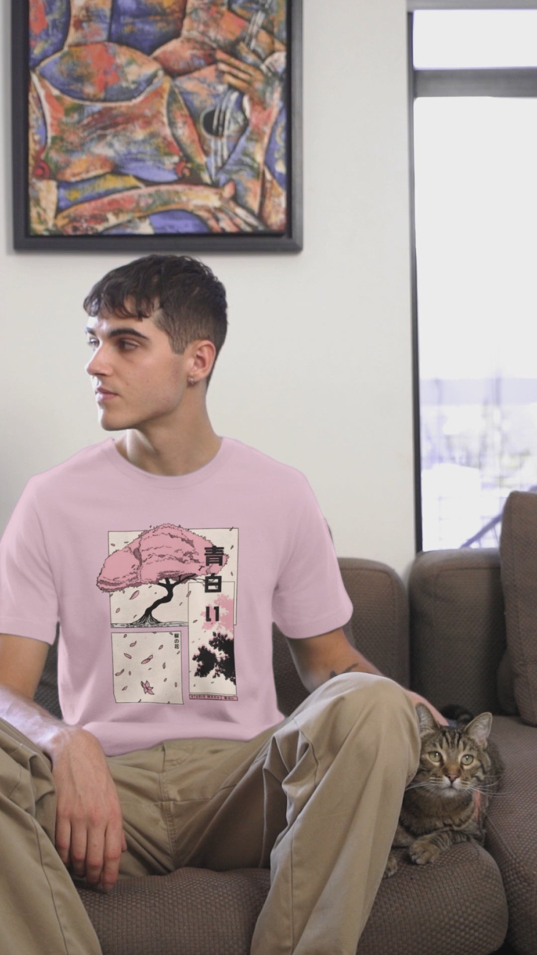 Sakura Dreams, baby pink color, front side, design printed t-shirts, oversized, unisex, model wearing video