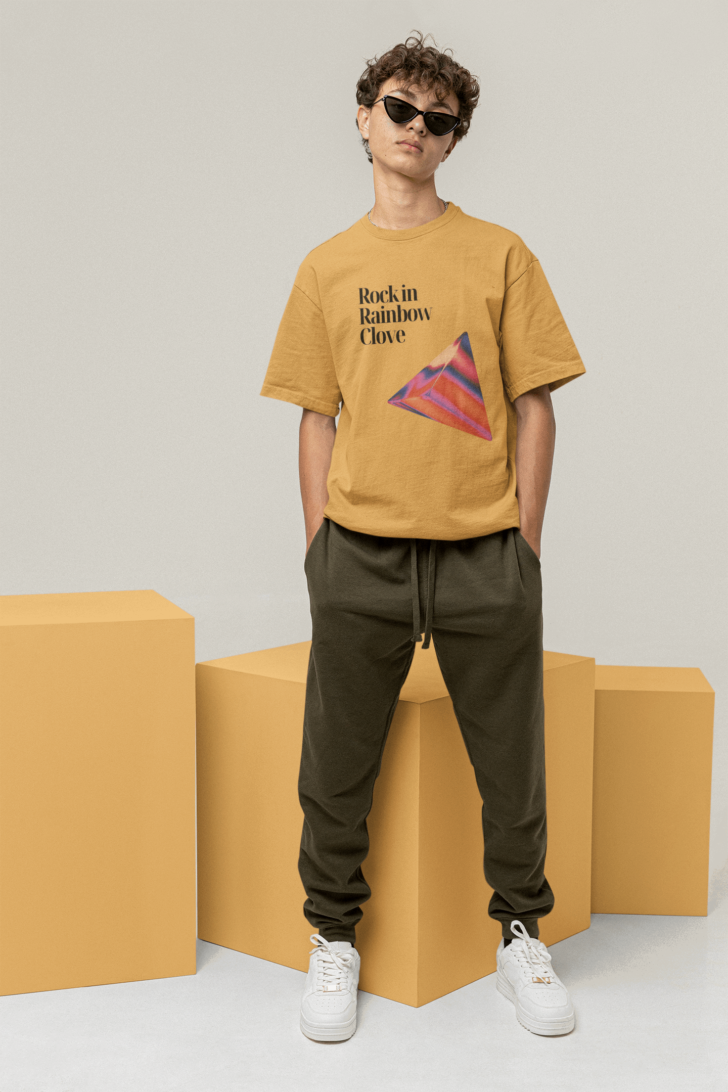 prism blue:rock in rainbow clove custom printed t-shirt , yellow color , front side