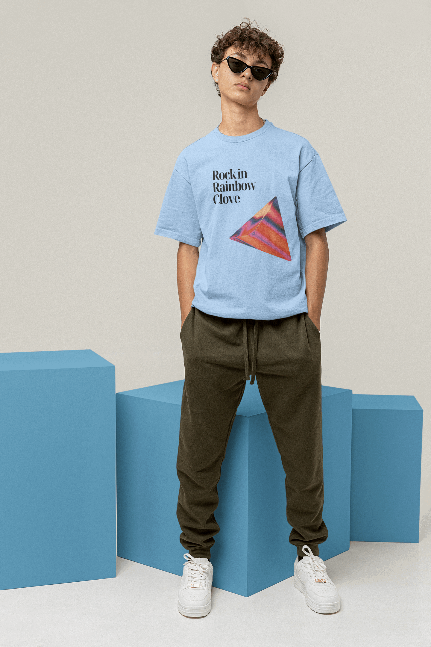 prism pulse:rock in rainbow clove custom printed t-shirt , baby blue color , front side