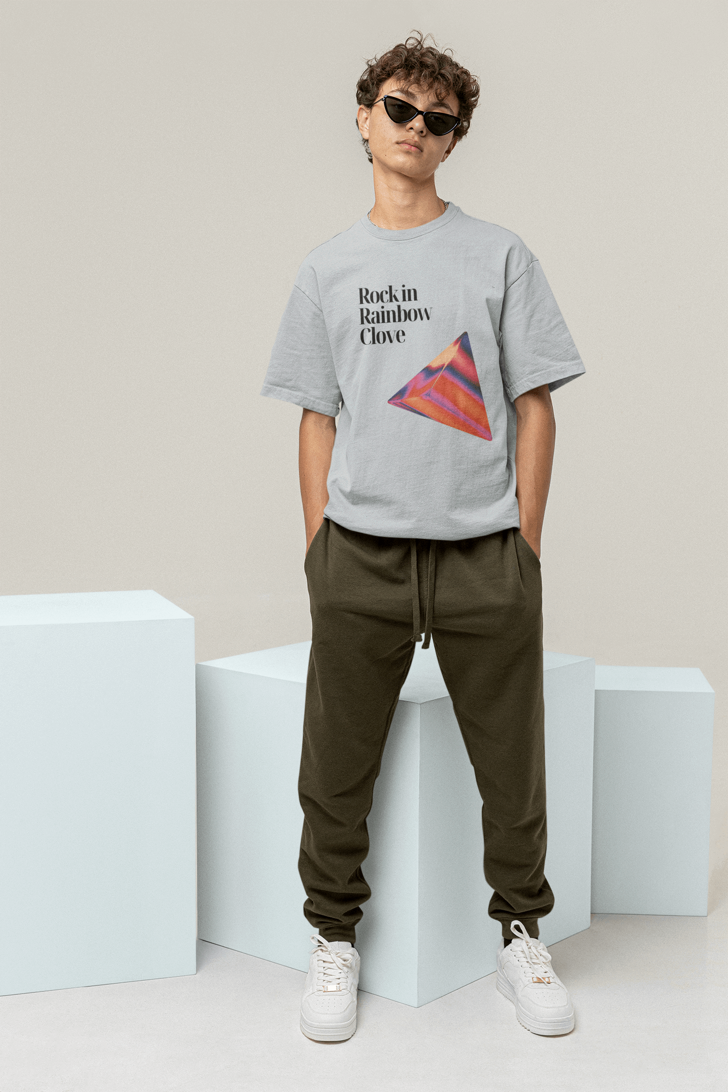 prism pulse:rock in rainbow clove custom printed t-shirt , grey melange color , front side