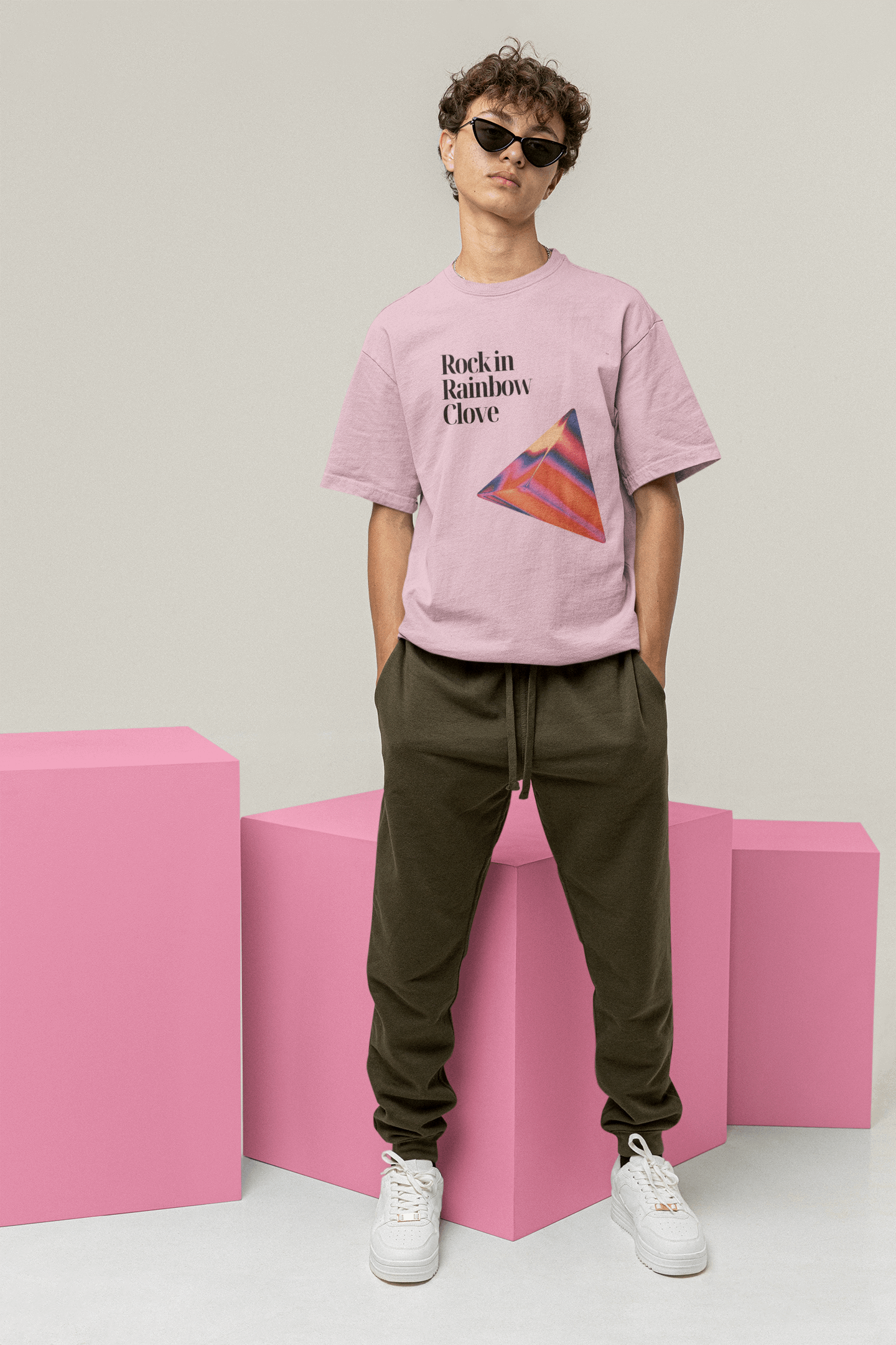 prism pulse:rock in rainbow clove custom printed t-shirt , light baby pink color , front side