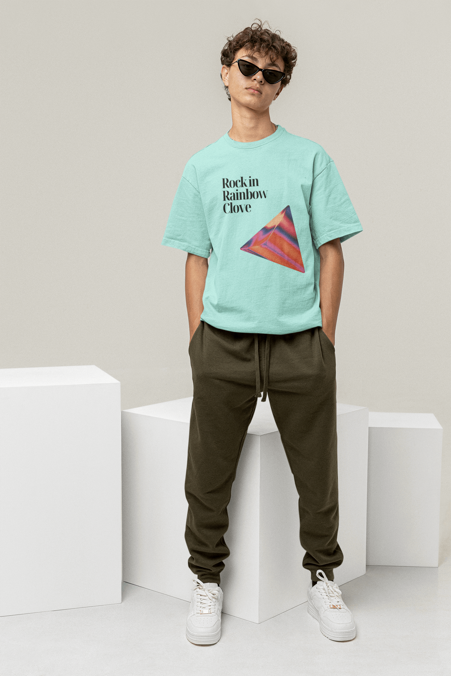 prism pulse:rock in rainbow clove custom printed t-shirt , mint color , front side