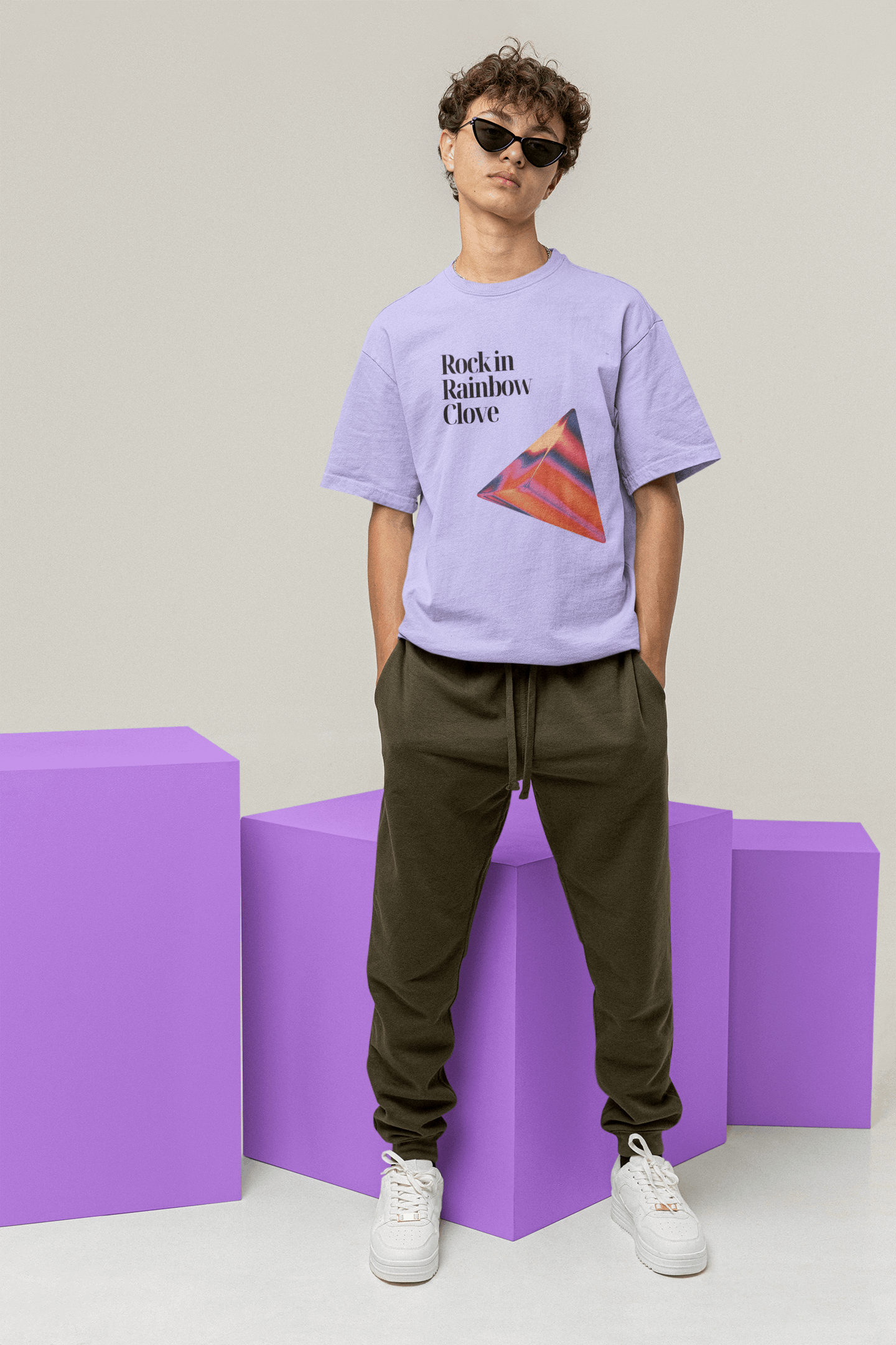 prism pulse:rock in rainbow clove custom printed t-shirt , lavender color , front side