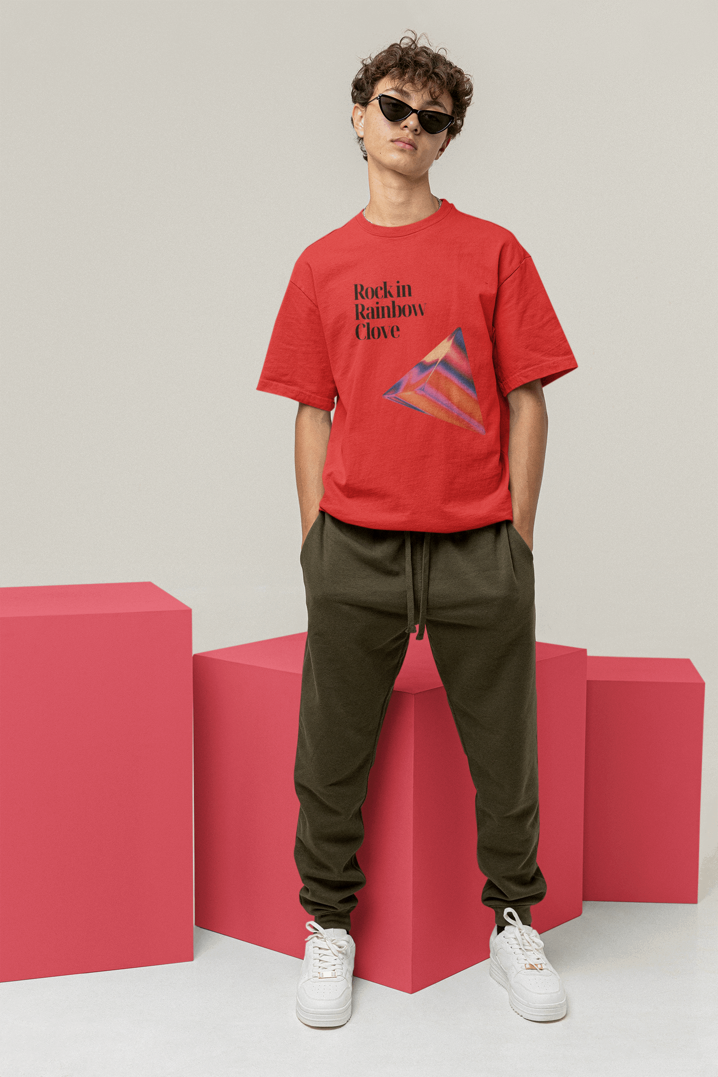 prism pulse: rock in rainbow clove , front side , red color , custom printed t-shirt